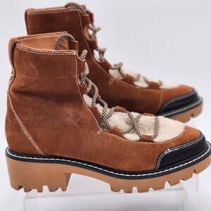 Soludos Aspen Lace Up Suede Shearling Combat Boots Camel Brown Sz 9.5 S0041